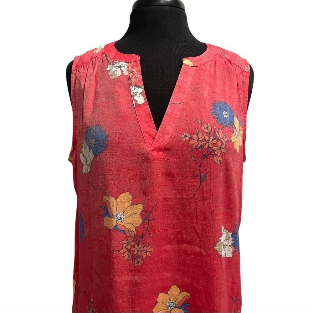 fred David Split Neck Sleeveless High Low Floral Detailed Top Sz L - Picture 2 of 12